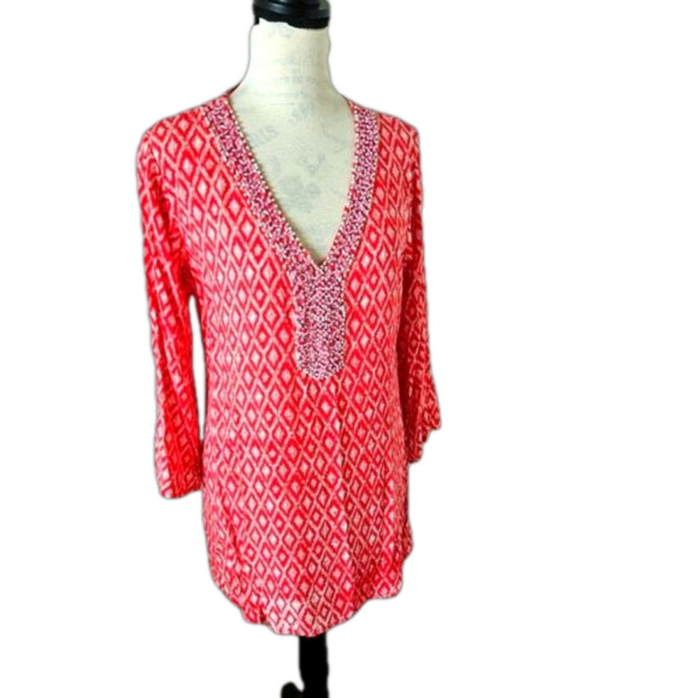 🏝Beach wear red cover up tunic beaded size small